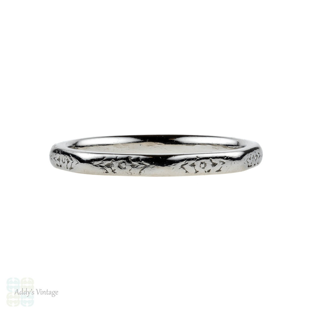 Platinum Engraved Faceted Wedding Ring, Vintage 1940s Octagonal