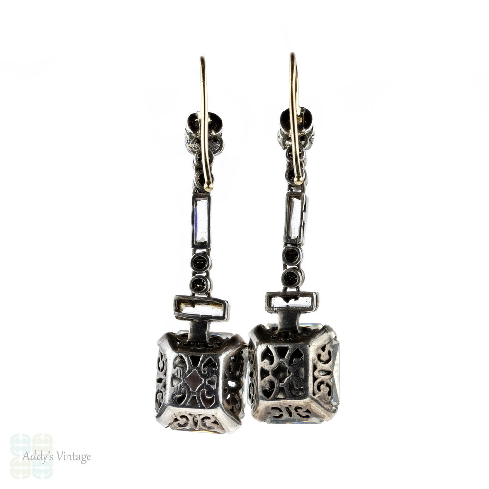 BALANCE. French Art Deco Asscher Diamond Paste Drop Earrings, Sterling Silver & 9ct Gold.