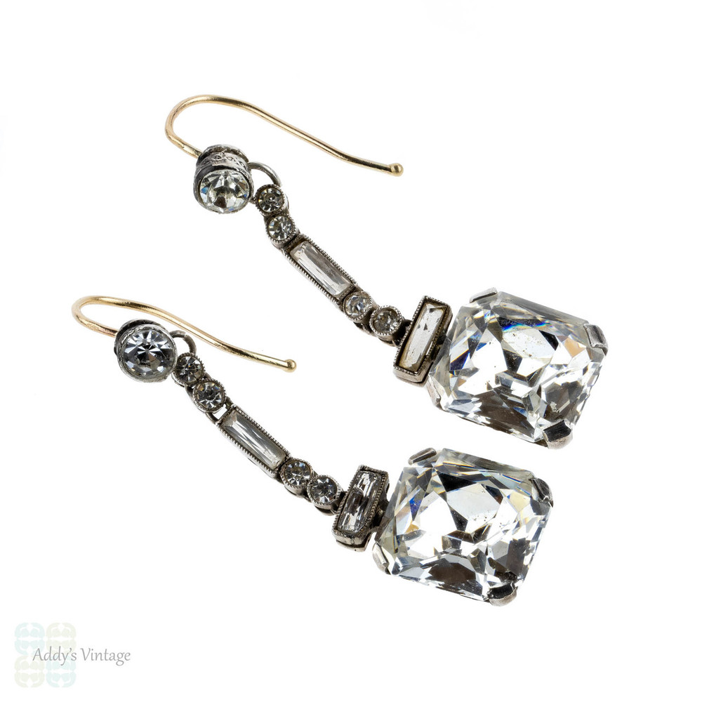 BALANCE. French Art Deco Asscher Diamond Paste Drop Earrings, Sterling Silver & 9ct Gold.