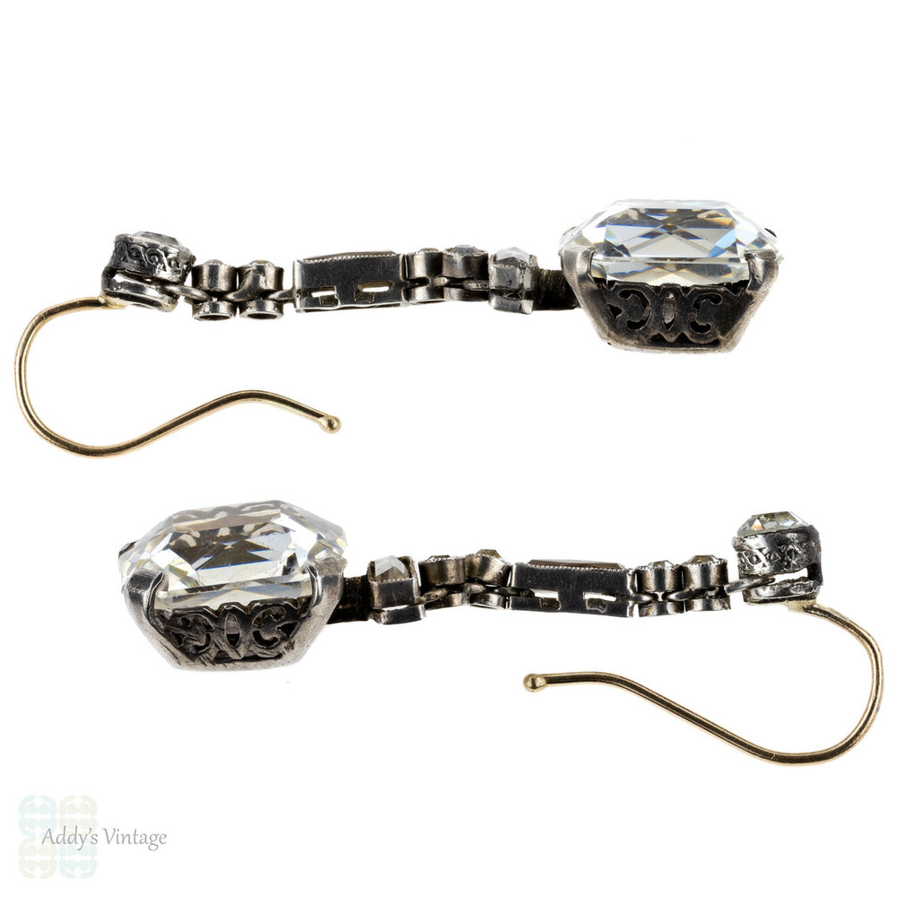 BALANCE. French Art Deco Asscher Diamond Paste Drop Earrings, Sterling Silver & 9ct Gold.