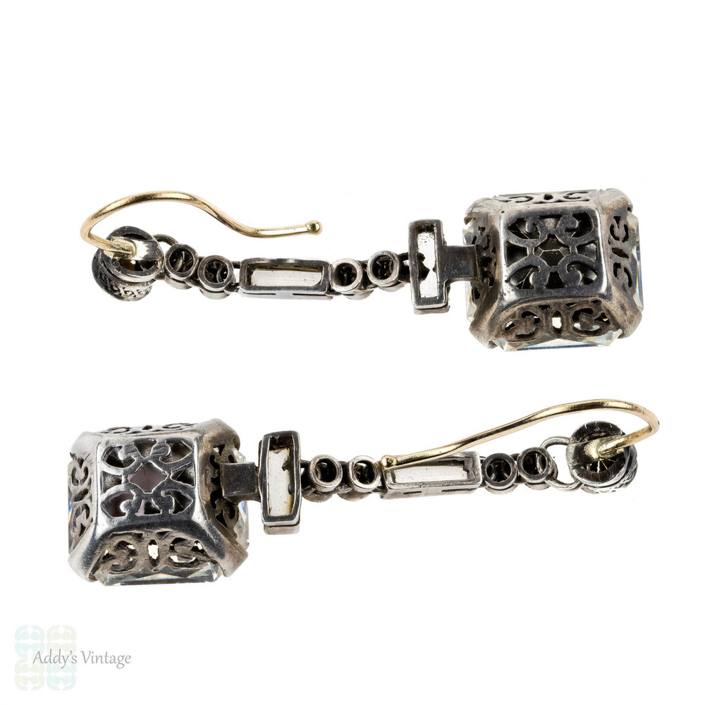 BALANCE. French Art Deco Asscher Diamond Paste Drop Earrings, Sterling Silver & 9ct Gold.
