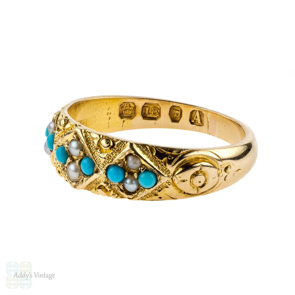 Victorian 18ct Turquoise Paste & Sead Pearl Ring, 1870s Engraved 18k Band.