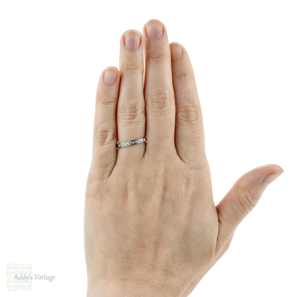 1920s Diamond Wedding Ring, Art Deco Platinum Set Engraved Band. Size O.5 / 7.5.