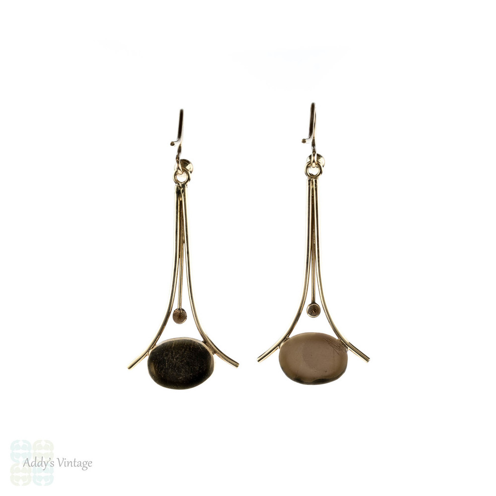 Retro Aventurine 9ct Drop Earrings, Vintage 9k Yellow Gold Green Stone Dangle Earrings.
