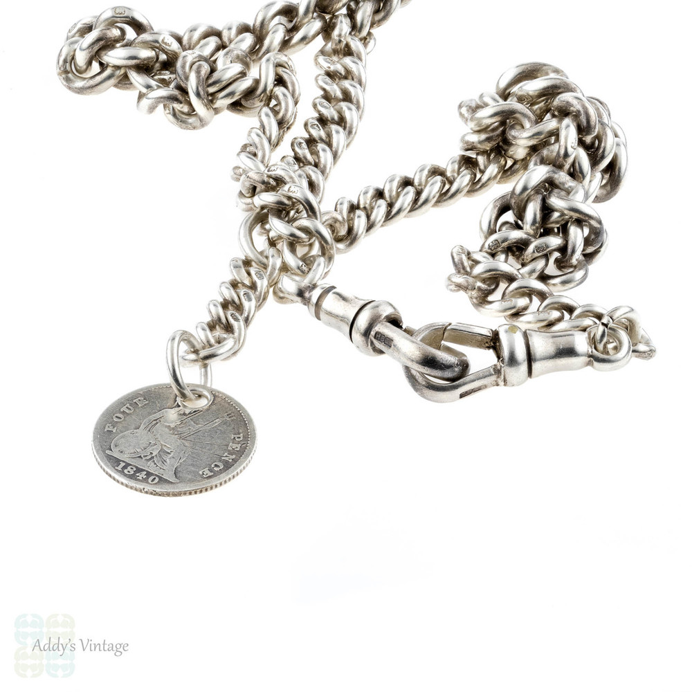 Victorian Sterling Silver Albert Chain with Dog Clips. Antique 16 inch Watch Chain, 1890s.