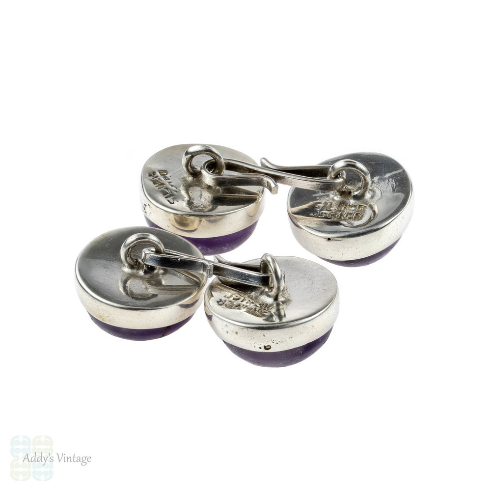 Amethyst & Sterling Silver Cuff Links, Vintage Mid 20th Century Mexico Silver Cufflinks.