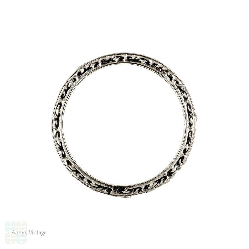 French Platinum Diamond Eternity Ring, 1920s Full Hoop Engraved Wedding Band. Size K.5 / 5.5.