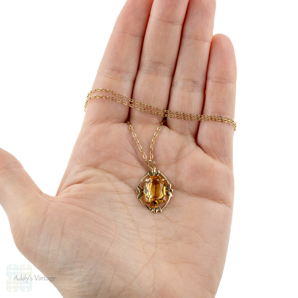 Vintage Citrine 9ct Pendant,1970s 9k Yellow Gold Leaf Frame