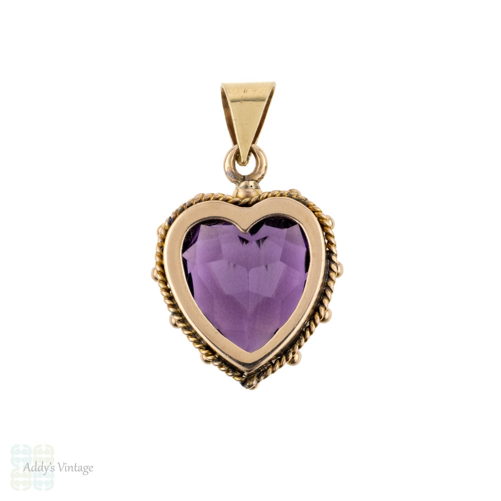 Antique 9ct Amethyst Love Heart Pendant, Bezel Set 9k Gold Charm. Circa 1900.