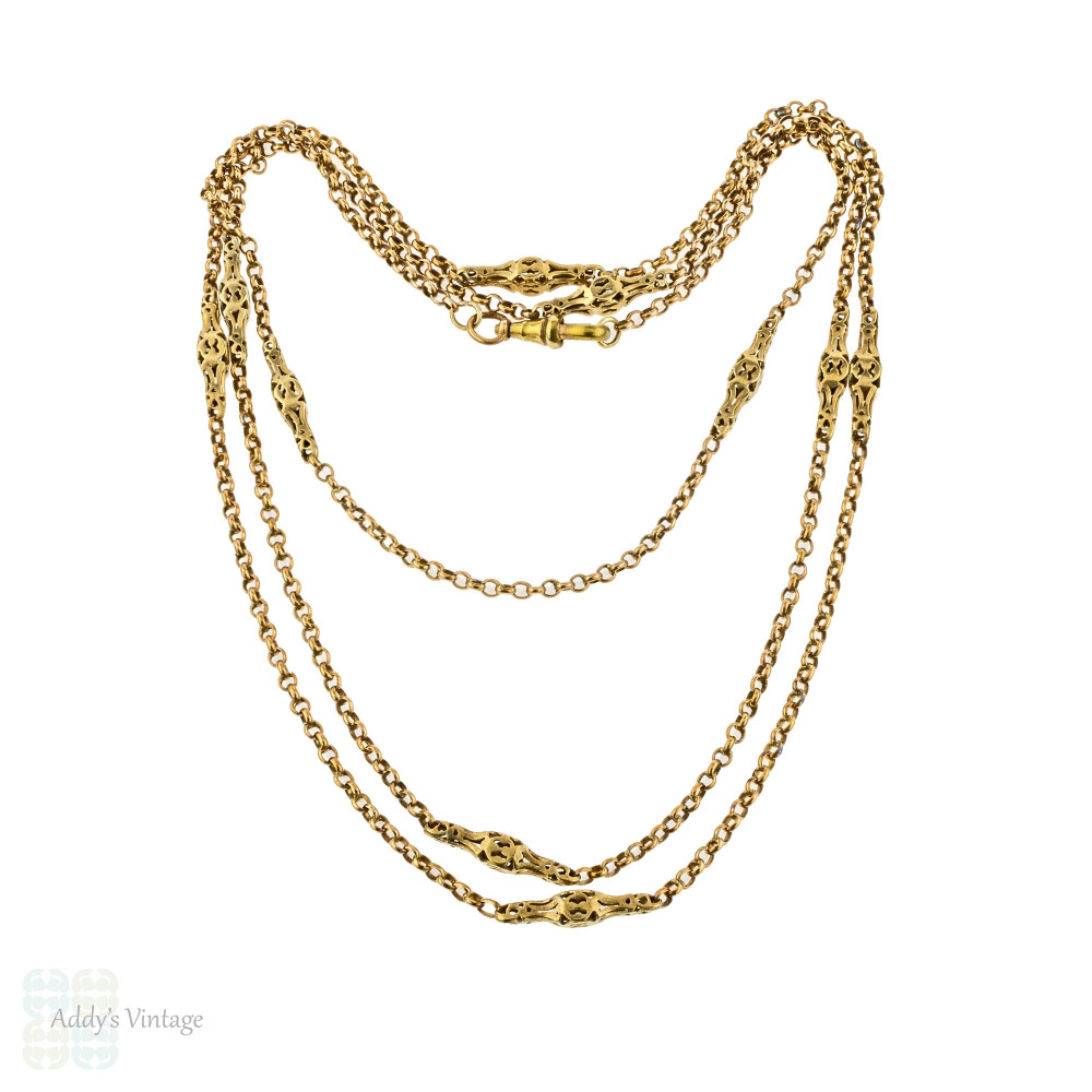 Antique Gilt Metal Guard Chain, Chunky Pierced & Belcher Link Necklace. 127 cm / 50 inches.