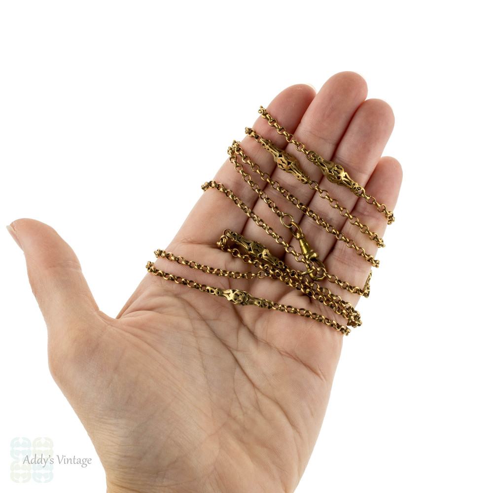 Antique Gilt Metal Guard Chain, Chunky Pierced & Belcher Link Necklace. 127 cm / 50 inches.