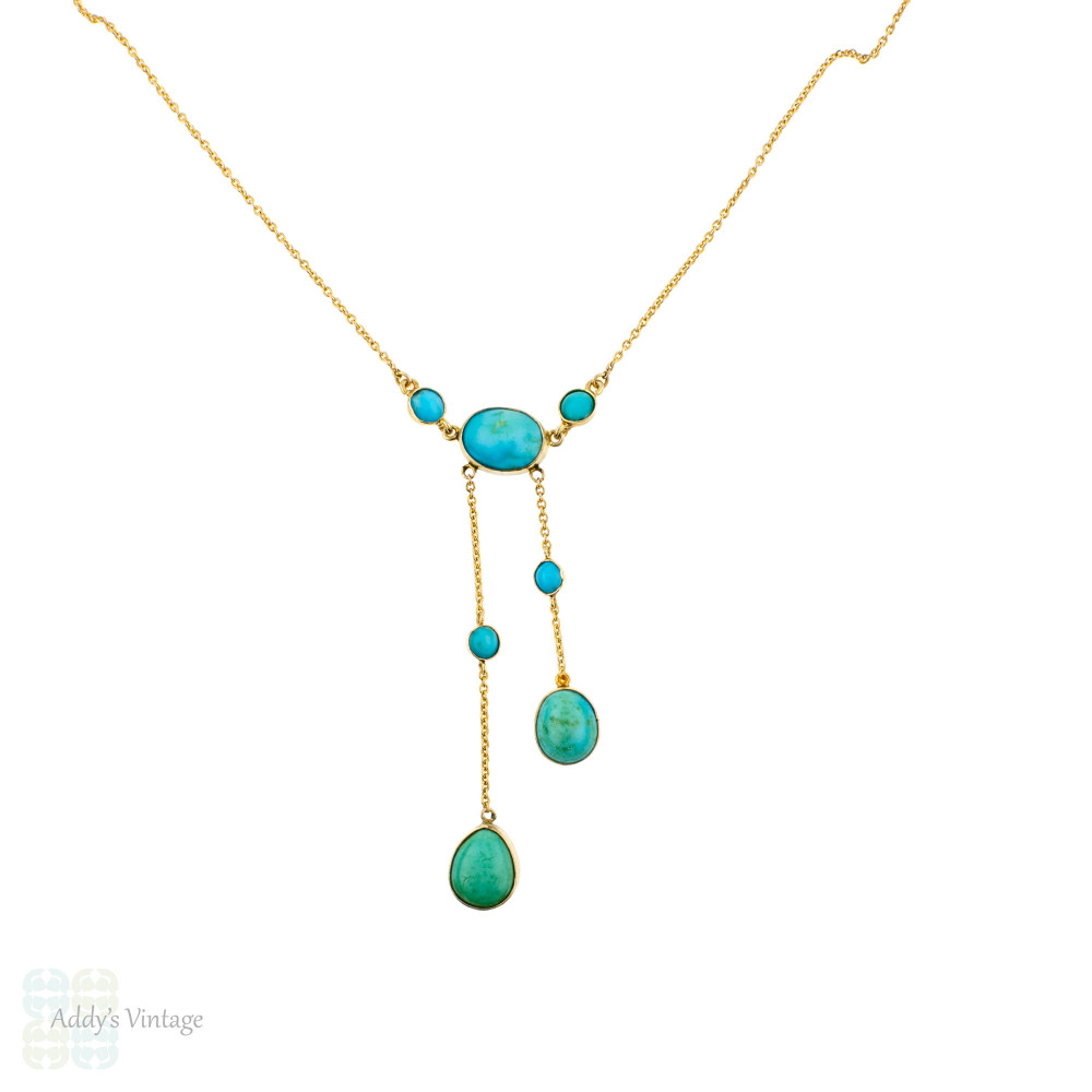 Tuquoise 9ct Gold Negilgee Necklace. Antique 9k Bezel Set Drop Necklace.