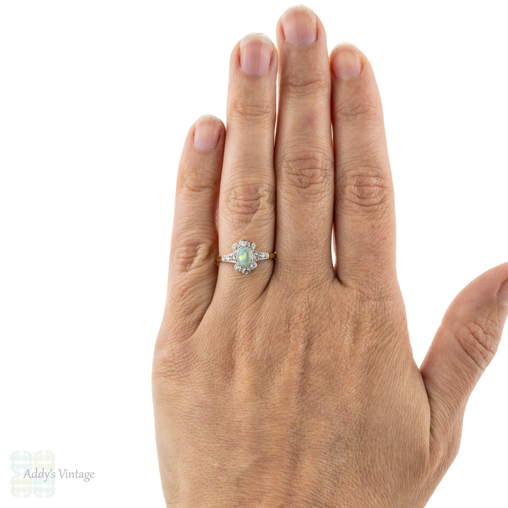 Edwardian Opal & Diamond Ring, Scalloped Edge Diamond Cluster. 18ct & Platinum.