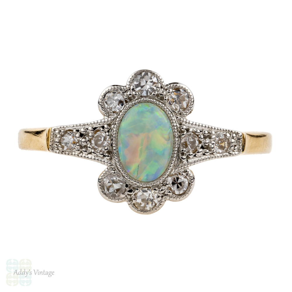 Edwardian Opal & Diamond Ring, Scalloped Edge Diamond Cluster. 18ct & Platinum.