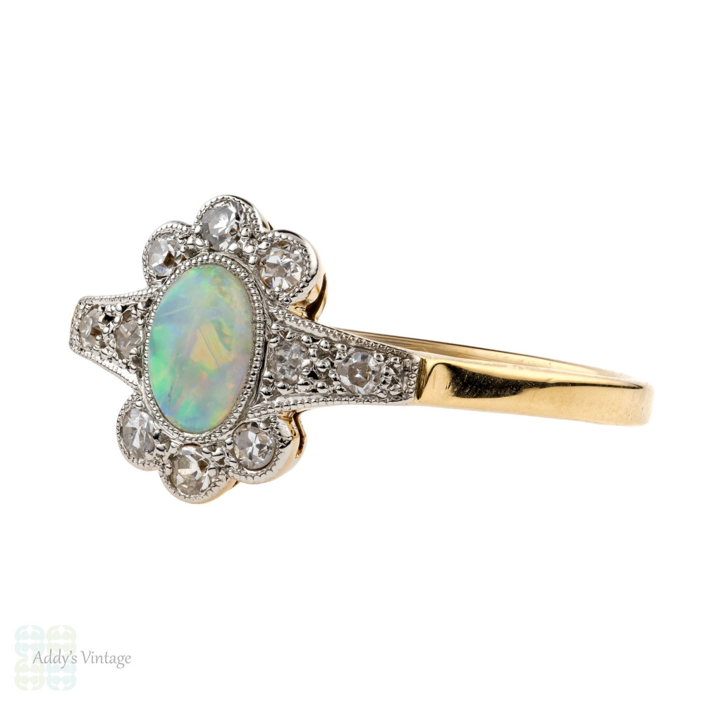 Edwardian Opal & Diamond Ring, Scalloped Edge Diamond Cluster. 18ct & Platinum.