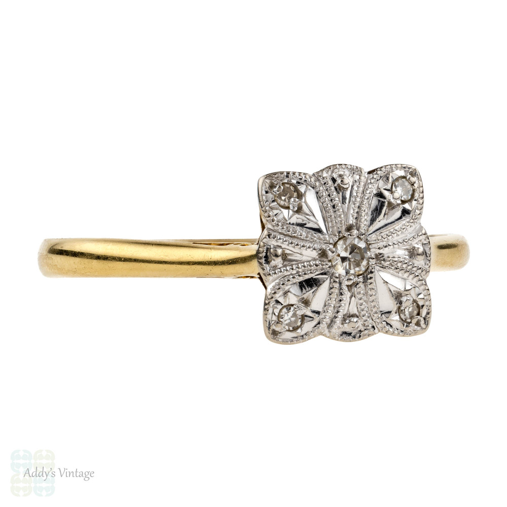 Art Deco Diamond Engagement Ring. Scalloped Square Cluster, Circa 1920s, 18ct & Platinum.