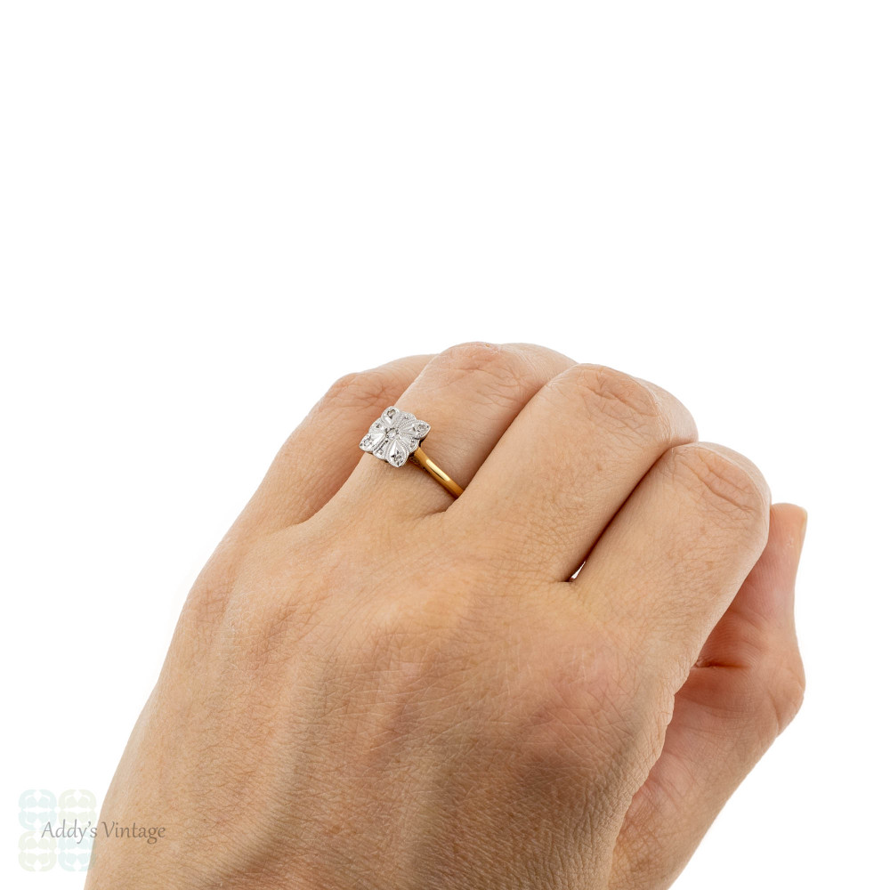Art Deco Diamond Engagement Ring. Scalloped Square Cluster, Circa 1920s, 18ct & Platinum.