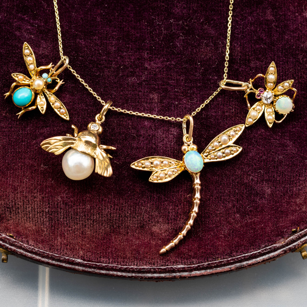 Vintage Bee Pendant, 14ct 14k Cultured Pearl & Diamond Bug Necklace, 9ct Chain.