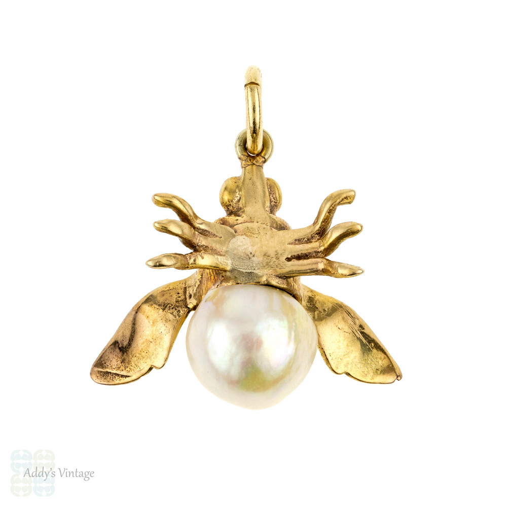 Vintage Bee Pendant, 14ct 14k Cultured Pearl & Diamond Bug Necklace, 9ct Chain.