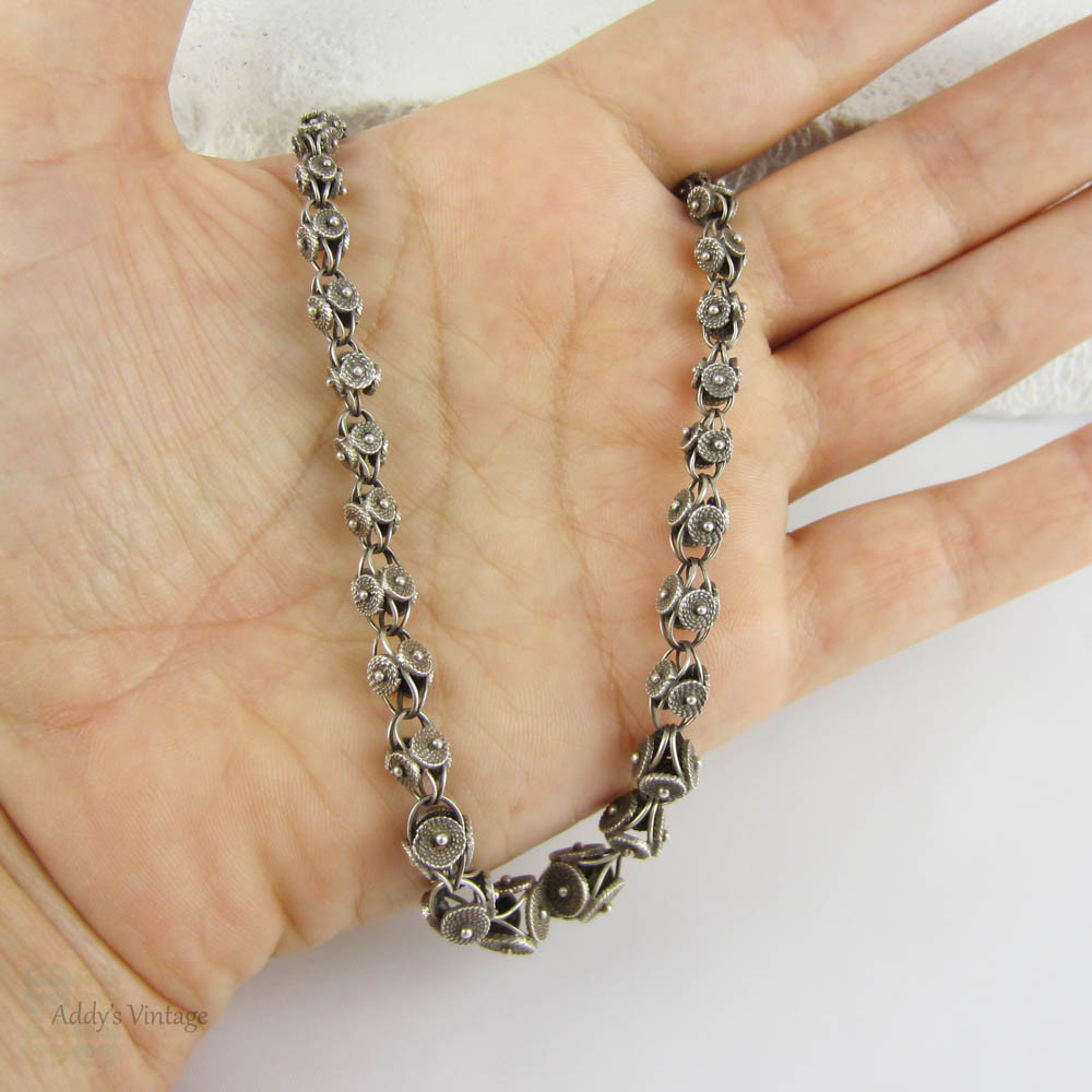 Antique French 800 Silver Fancy Link Necklace, Graduated Daisy