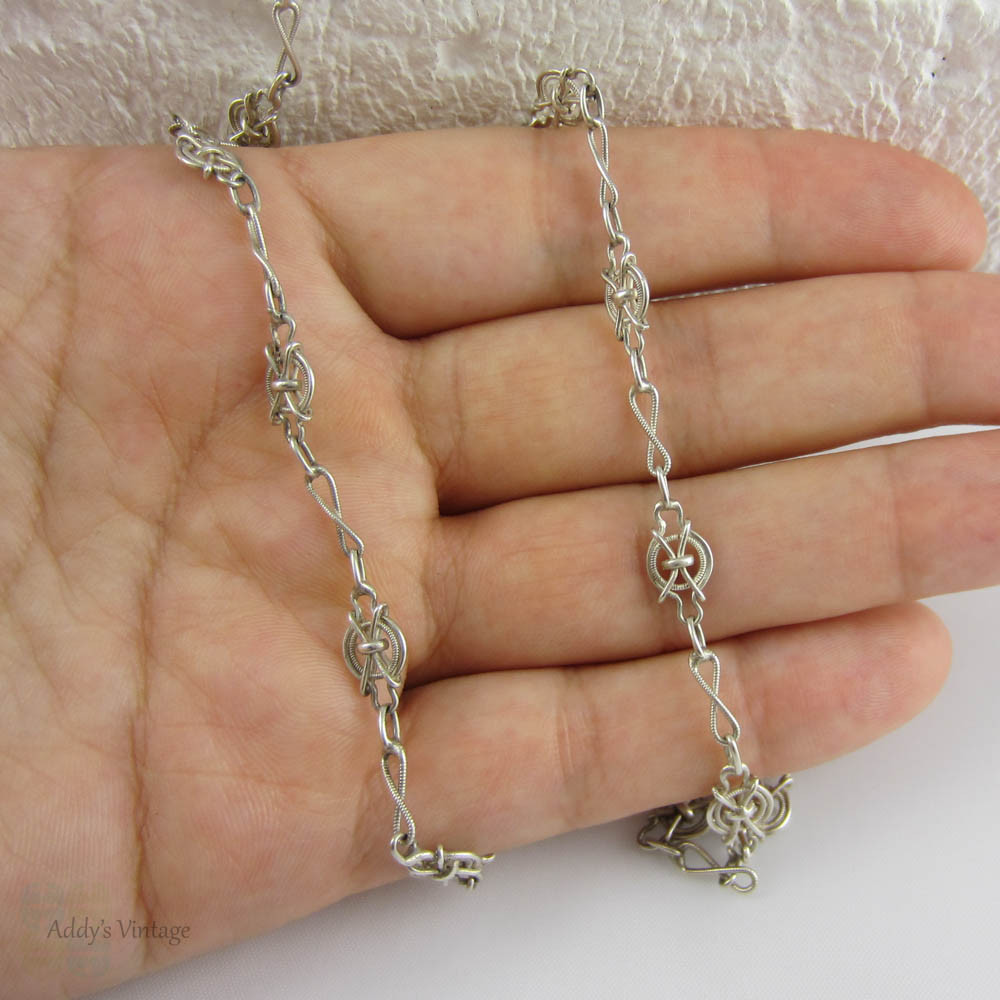 Vintage French 800 - 900 Silver Fancy Link Chain. Antique Ridged Design Alternating Link Necklace, 110 cm / 43.3 inches.