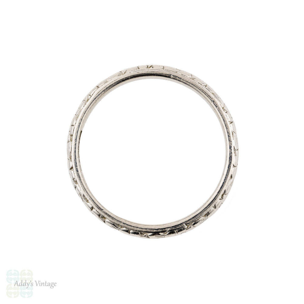 RESERVED Engraved Orange Blossom Platinum Wedding Band by Bravingtons. Art Deco Ring, Size K / 5.25.