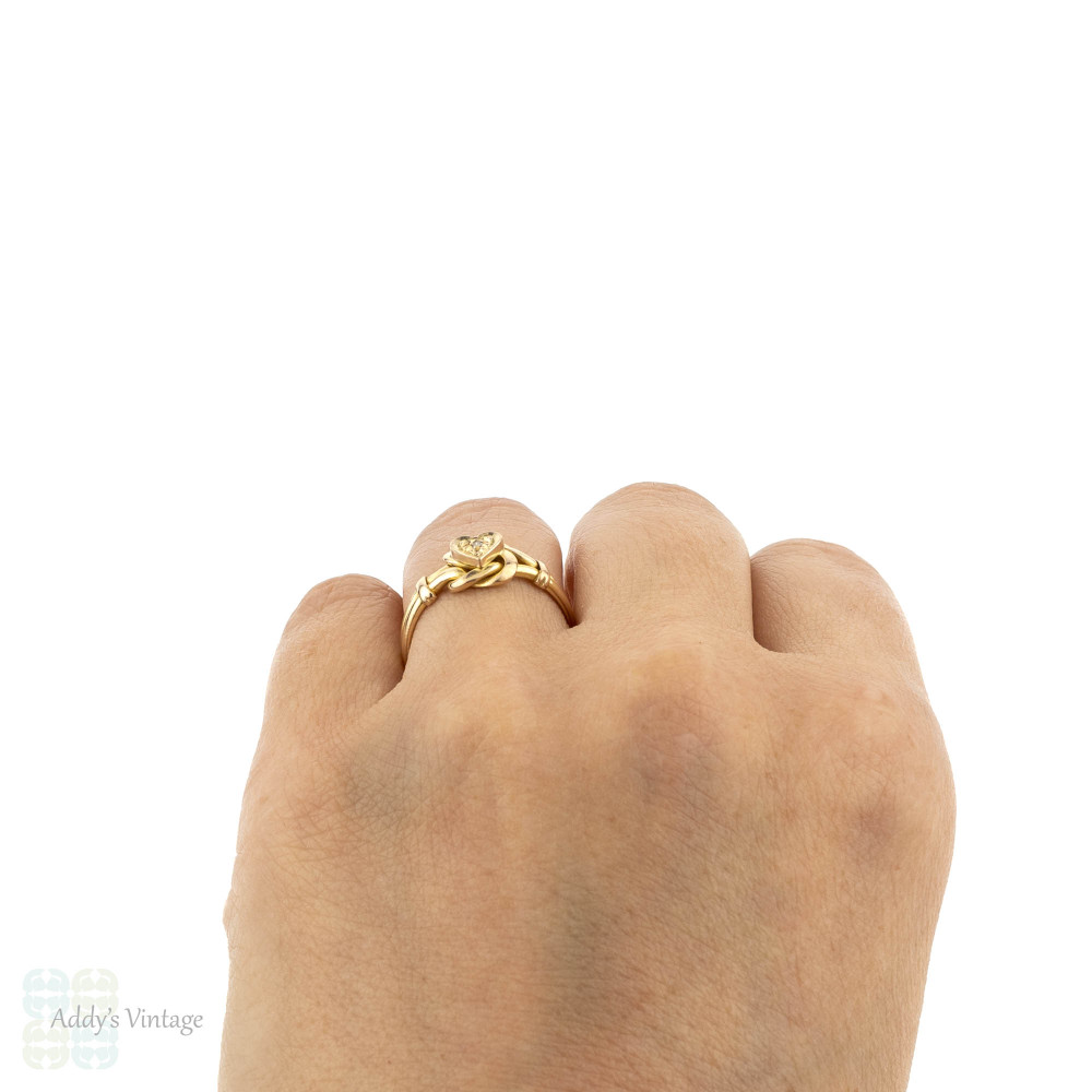 Edwardian 18ct Love Knot Ring, Heart Ring with Diamond. 18k Yellow Gold 1910s.