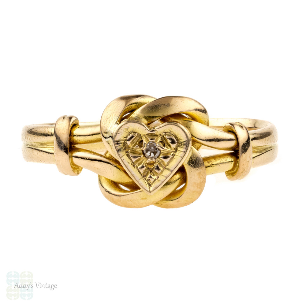 Edwardian 18ct Love Knot Ring, Heart Ring with Diamond. 18k Yellow Gold 1910s.