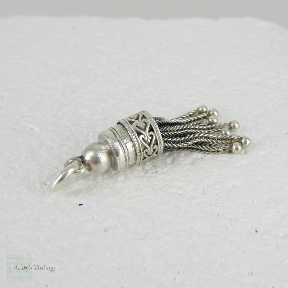 Victorian Sterling Silver 7 Chain Tassel Charm. Ornate Chased Heart & Beaded Design, Watch Fob or Albertina.