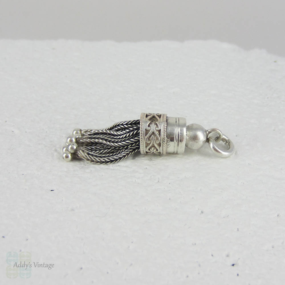 Victorian Sterling Silver 7 Chain Tassel Charm. Ornate Chased Heart & Beaded Design, Watch Fob or Albertina.