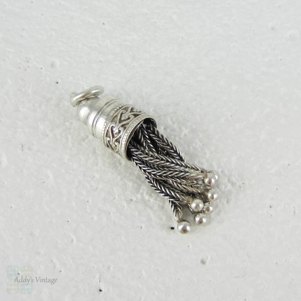 Victorian Sterling Silver 7 Chain Tassel Charm. Ornate Chased Heart & Beaded Design, Watch Fob or Albertina.