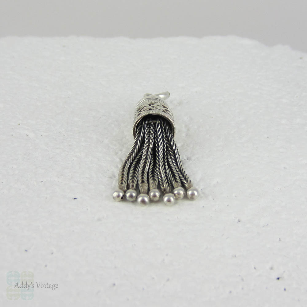 Victorian Sterling Silver 7 Chain Tassel Charm. Ornate Chased Heart & Beaded Design, Watch Fob or Albertina.