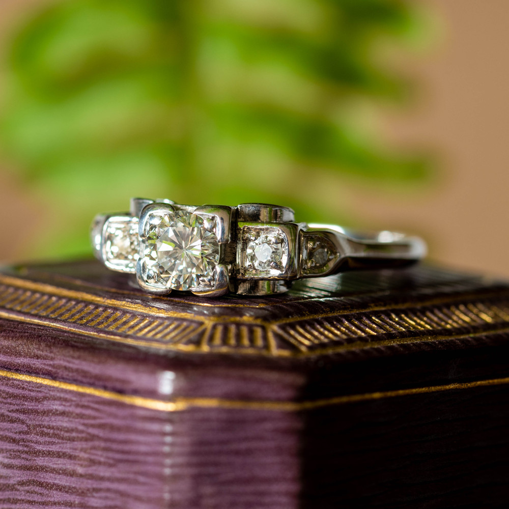 Vintage Stepped Diamond Engagement Ring, 1940s Geometric Design, 0.55 ctw Platinum & 18ct.