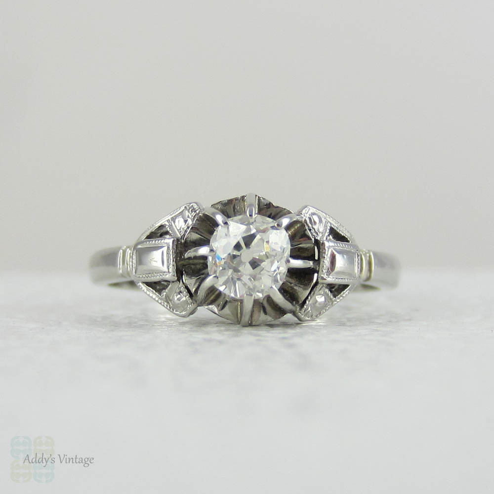 Art Deco Old Mine Cut Platinum Solitiarie Engagement Ring. Single Stone Vintage Buttercup Setting Diamond Ring.