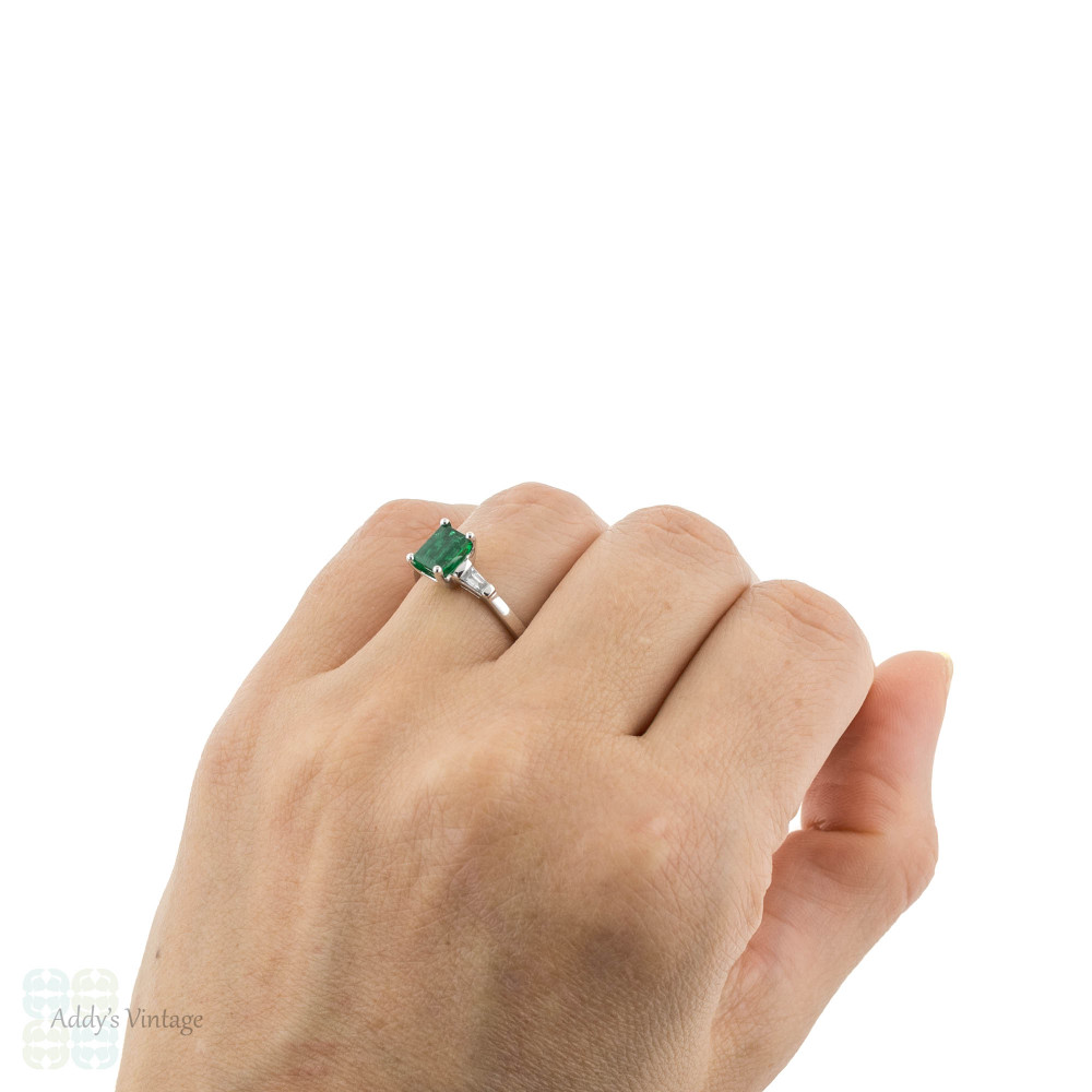 Emerald Diamond Engagement Ring, Classic Platinum Tapered Baguette Diamond Ring.