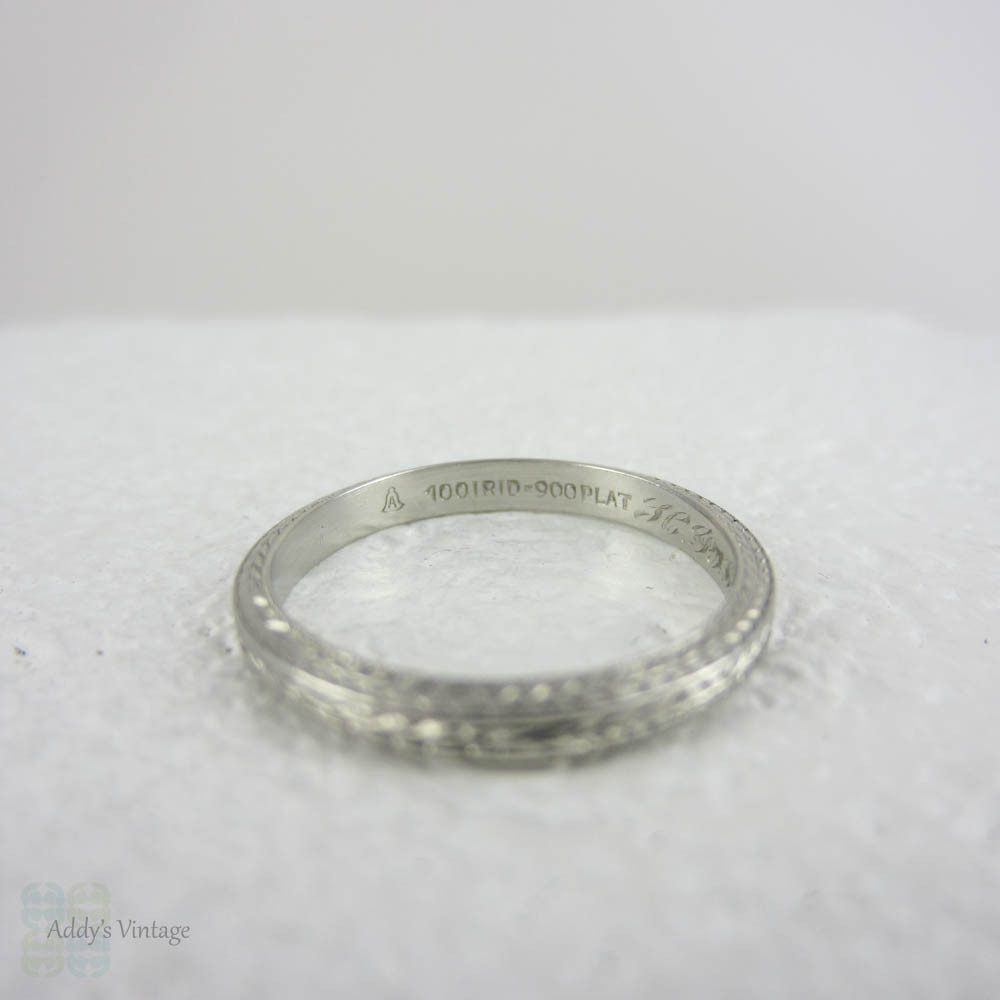 Art Deco Ornately Hand Engraved Platinum Wedding Ring. Narrow Platinum Wedding Band, Wreath Wheat Engraving on Three Sides, Dated 1930.