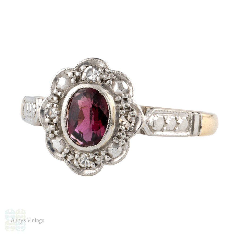 RESERVED Garnet & Diamond Halo Engagement Ring, Vintage 1940s Floral Cluster. 18ct Gold & Platinum.