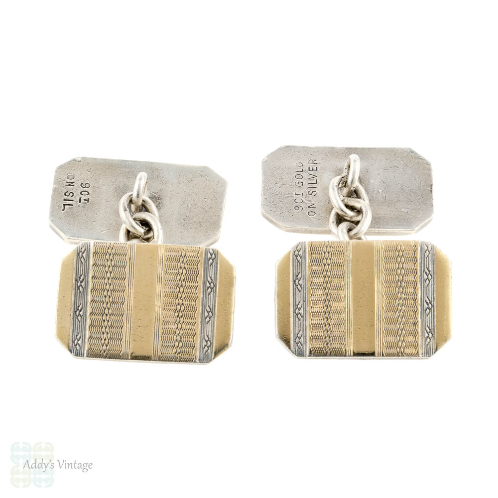 RESERVED Art Deco Two Tone Cuff Links, Double Faced Silver & 9ct 9k Cufflinks. Circa 1940s.