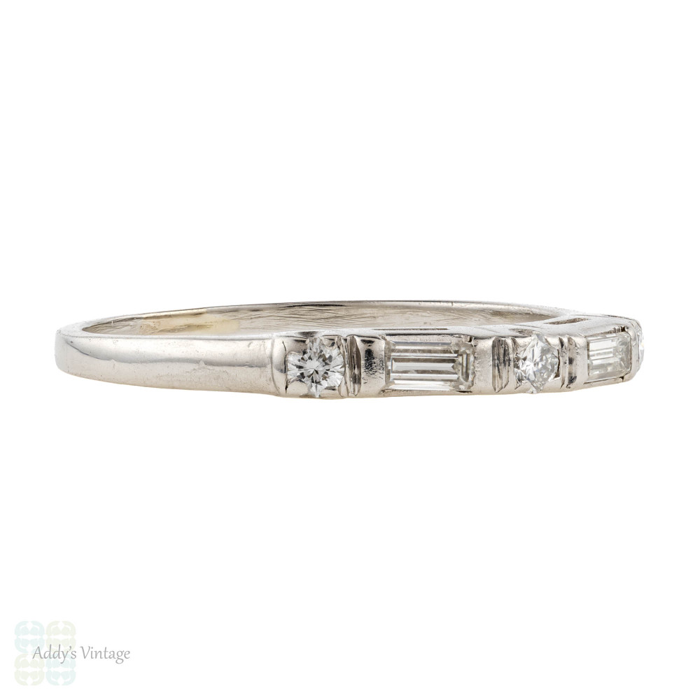 Art Deco Baguette & Round Diamond Wedding Ring, Platinum Alternating Five Stone Band.