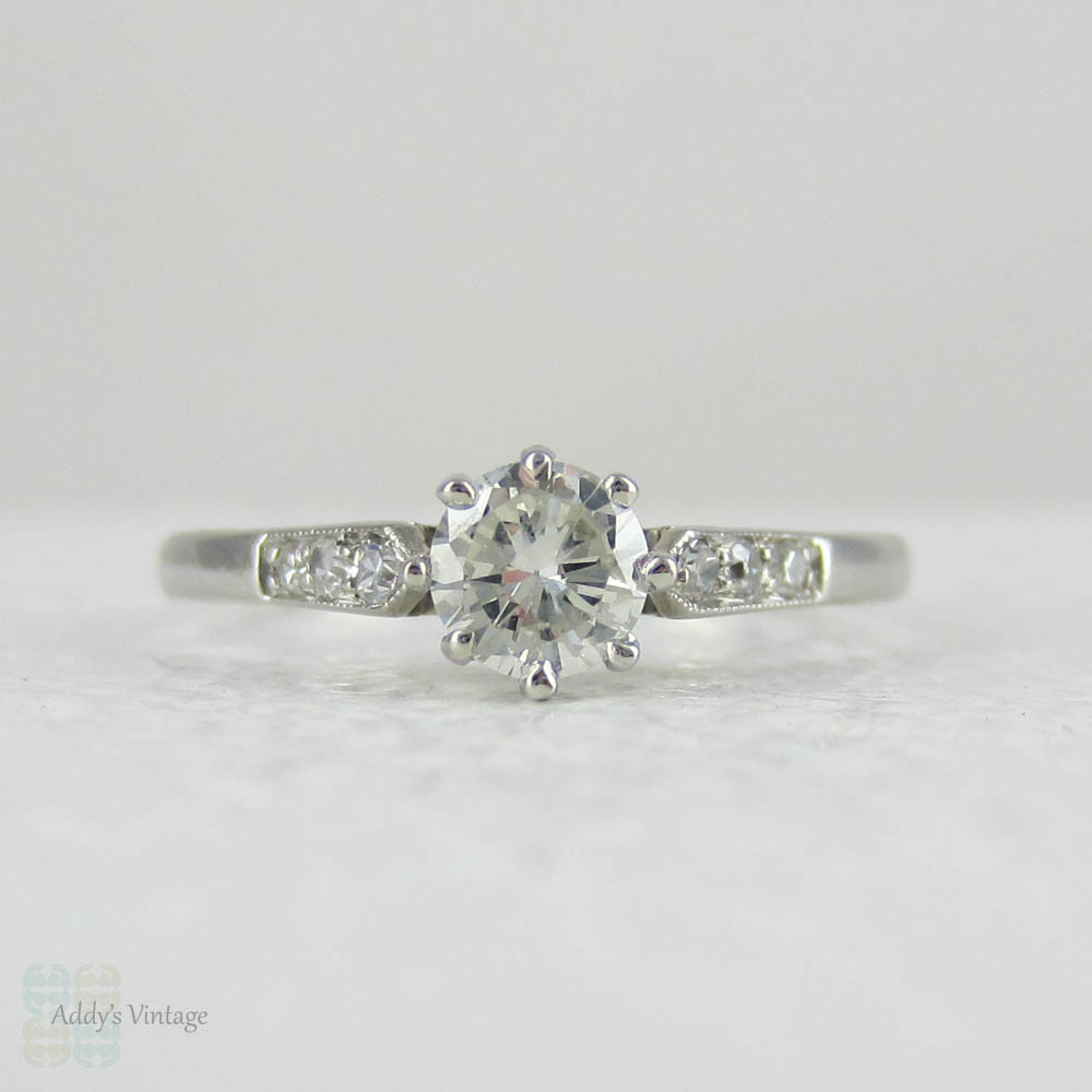 Vintage Platinum & Diamond Engagement Ring. Traditional Crown Setting Solitaire with Accent Diamonds.
