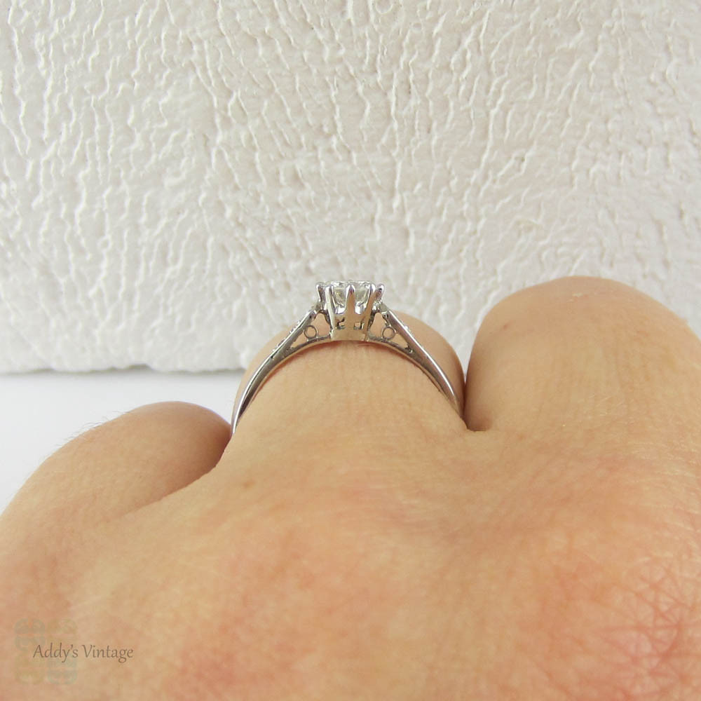 Vintage Platinum & Diamond Engagement Ring. Traditional Crown Setting Solitaire with Accent Diamonds.