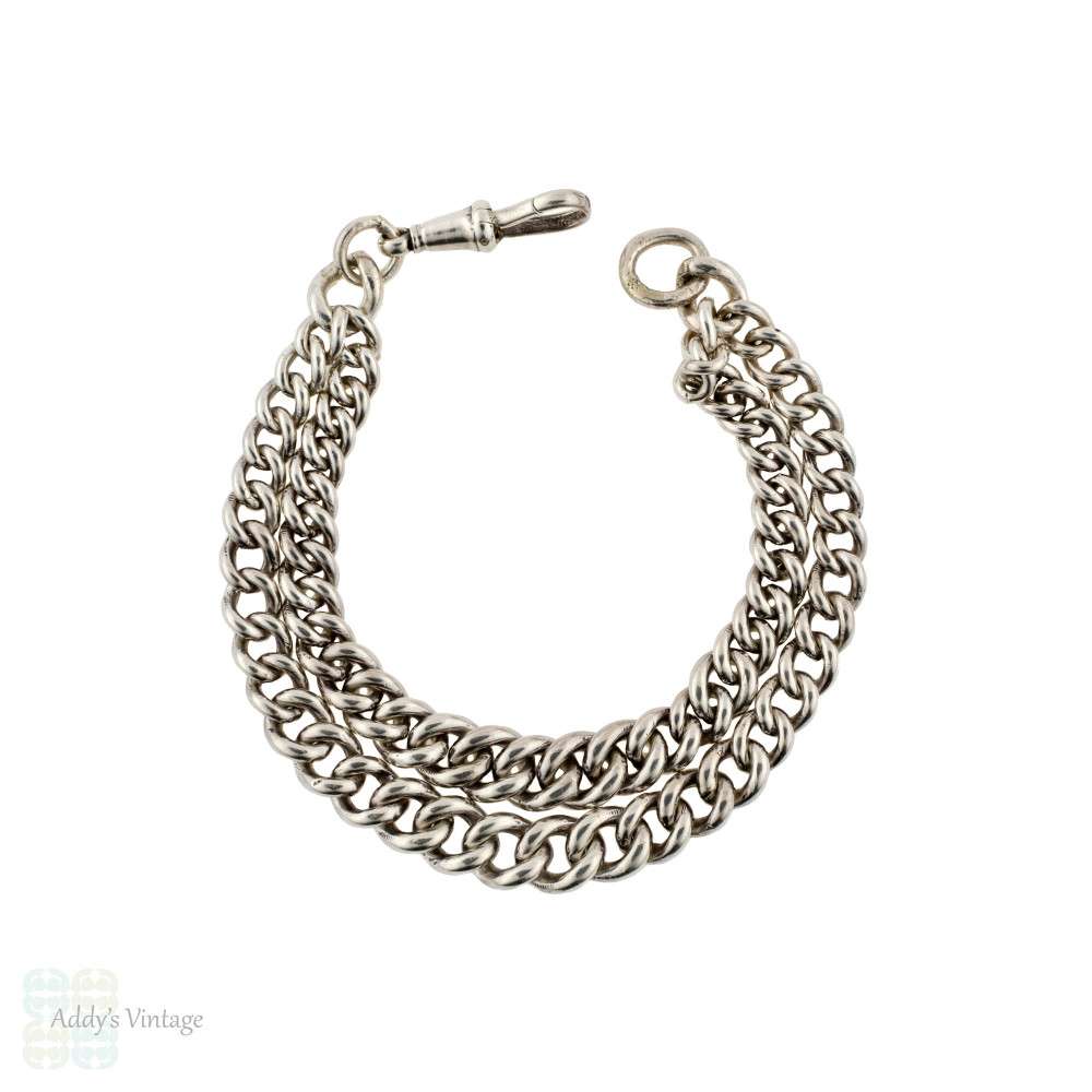 Antique Sterling Silver Bracelet, 1910s Chester Hallmark Double Strand Albert Curb Chain.