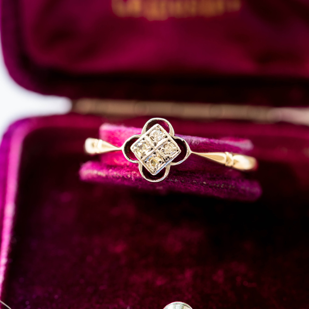 Floral Diamond Cluster Engagement Ring, 1930s Dainty 18ct 18k Gold Flower.