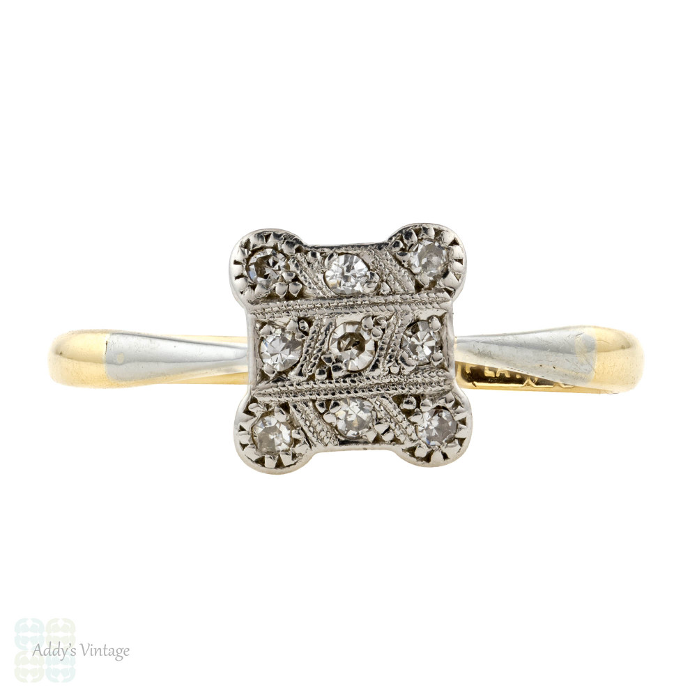 Square Art Deco Diamond Engagement Ring, 1920s Cluster Ring in 18ct & Platinum.