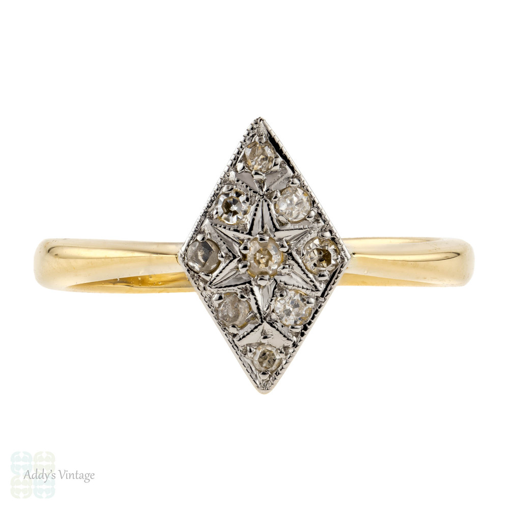 Marquise 1930s Art Deco Diamond Cluster Ring, Engraved Star & Milgrain Detail. 18ct & Platinum.