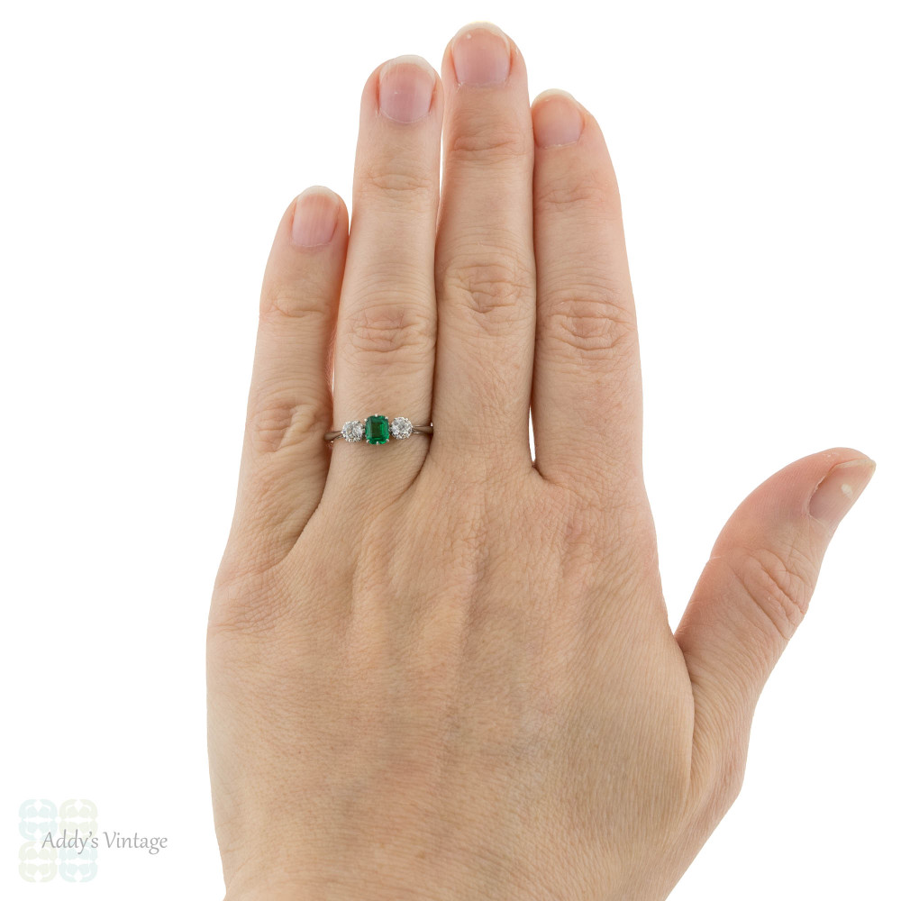 RESERVED Emerald & Old European Cut Diamond Engagement Ring, 1920s Platinum Three Stone Ring.