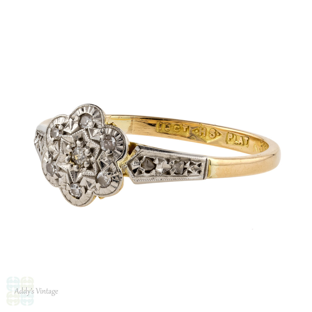 Vintage Diamond Cluster Engagement Ring, Daisy Flower Design. Circa 1930s, 18ct Gold & Platinum.