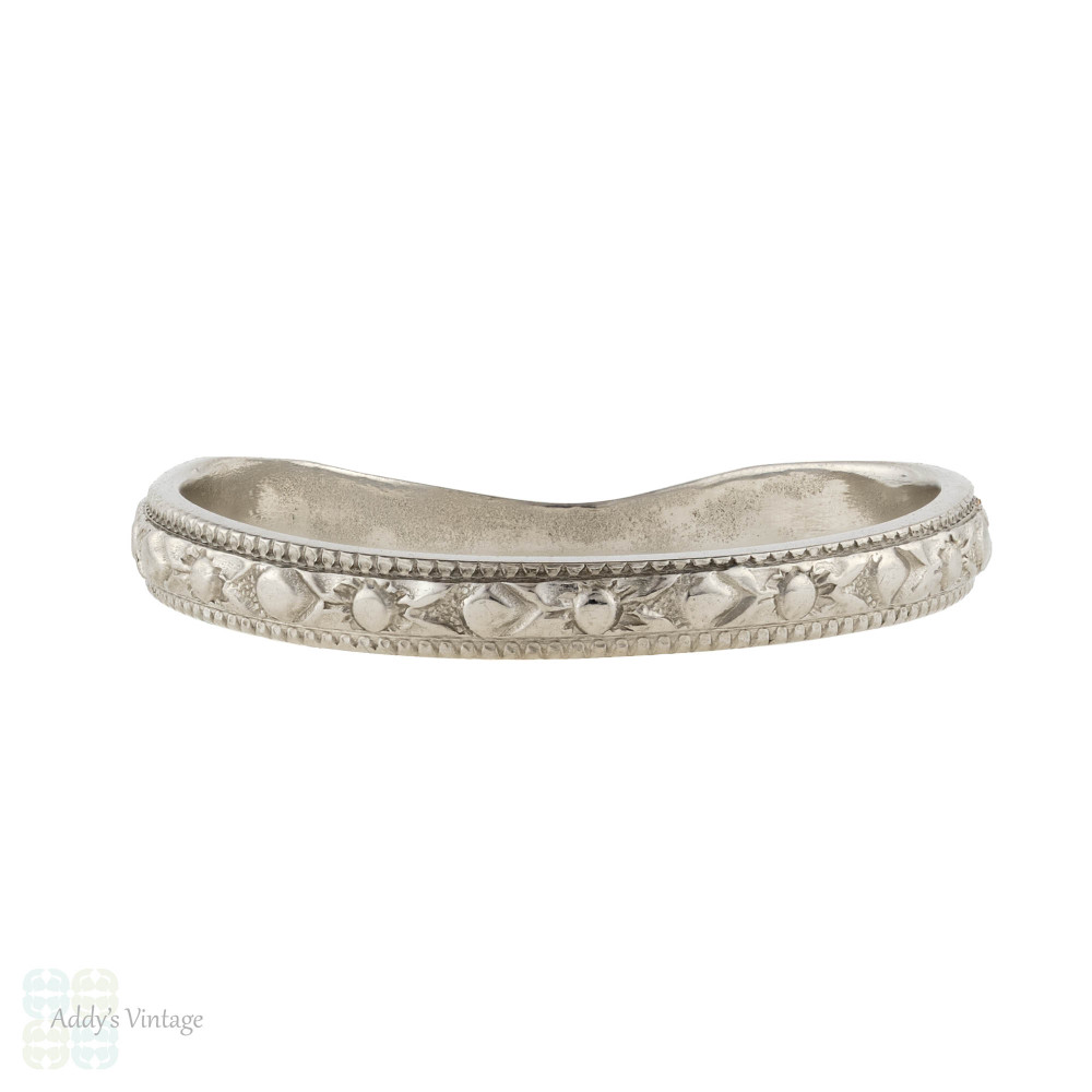 Engraved Curved Platinum Wedding Band, Vintage Flower Ladies Shaped Ring. Size J / 5.
