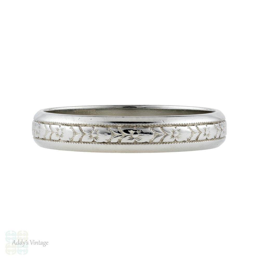 Men's Vintage Engraved Wedding Band, Flower Blossom 1930s 18ct 18k Band. Size U / 10.