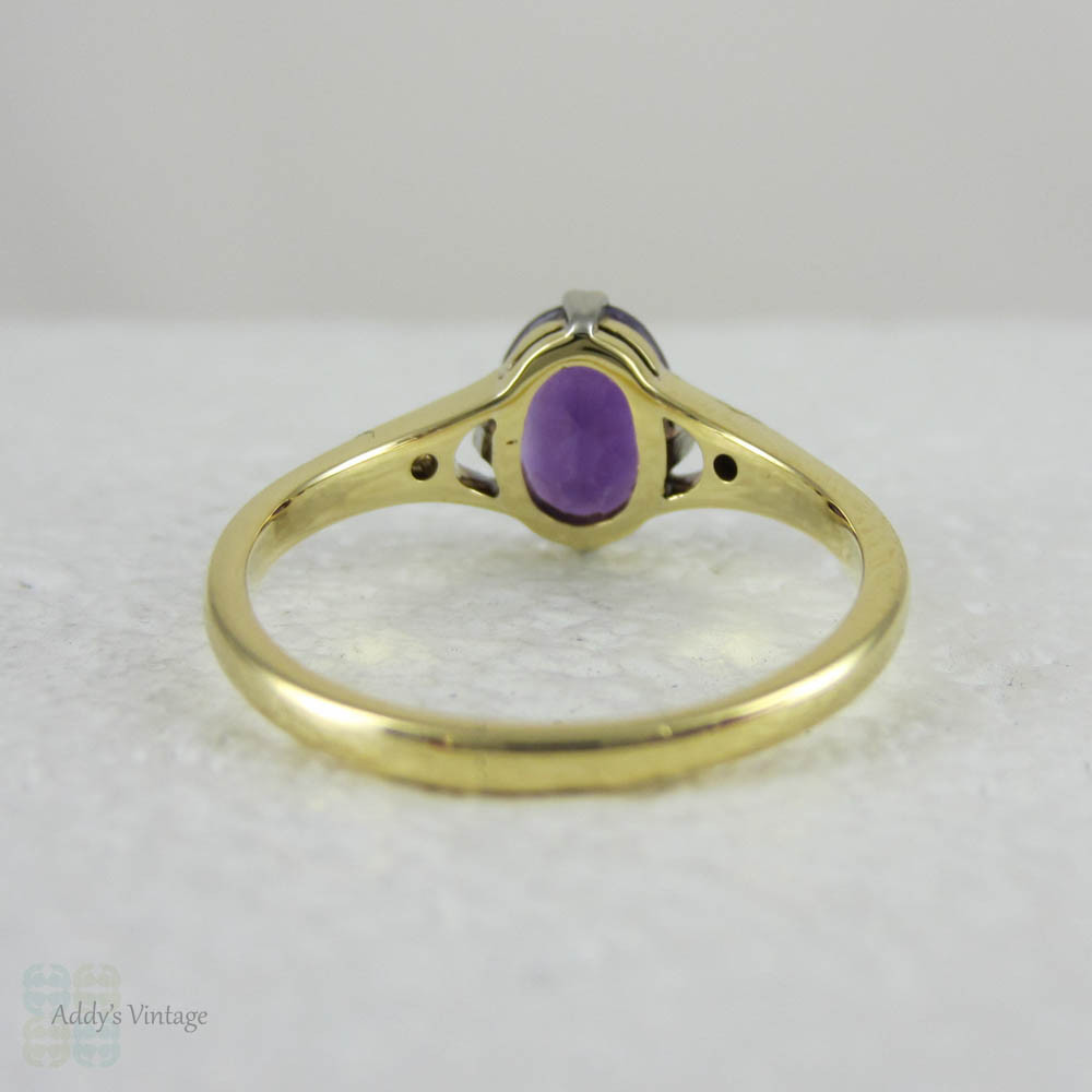 Vintage Amethyst Engagement Ring with Diamond Accents in 18 Carat Yellow Gold. Bright Purple Oval Cut Amethyst.